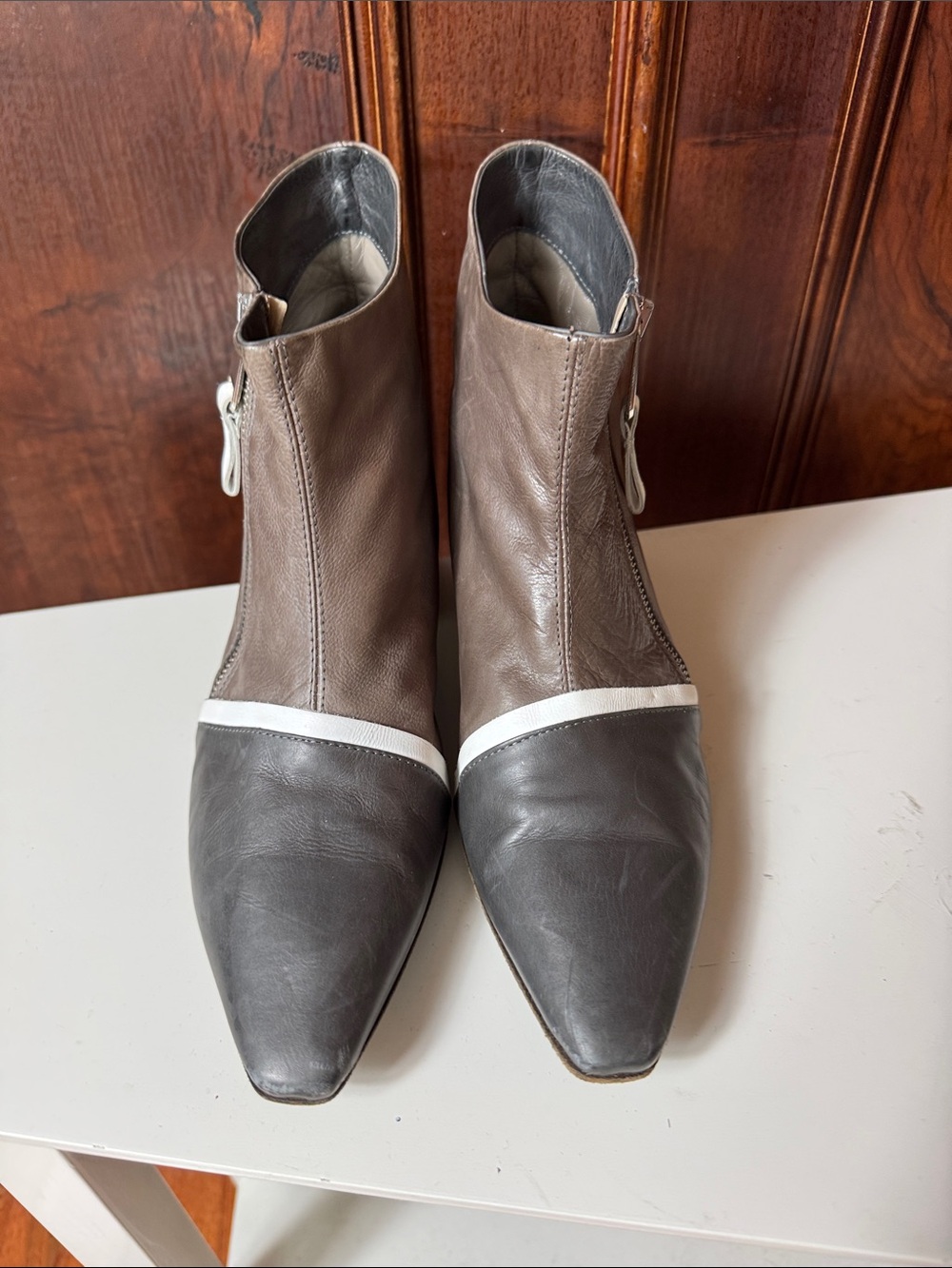 IXOS Italian Leather Multicolored Booties with Green Wooden Block Heel